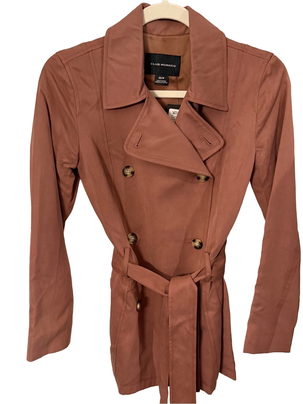 Club Monaco Soft Trench Coat Short Dusty Rose Belt Sz XS NWT